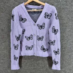 So Cardigan Women 20 Plus Purple Butterfly Print V-Neck Knit Button Long Sleeve